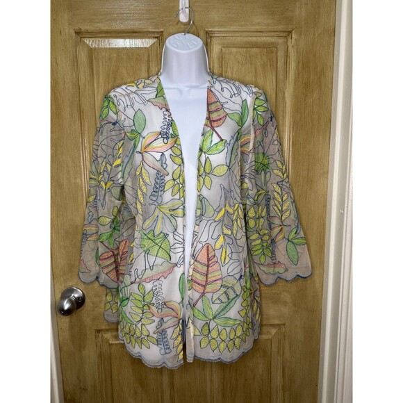 Chico's Embroidered Botanical Kimono Sheer Duster Cream Size 2 (Large) - Picture 1 of 5
